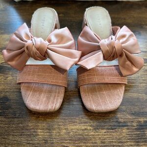 Pink / Blush Satin Bow Heels Coquette Block Heel Slides | Copper Key | Size 7